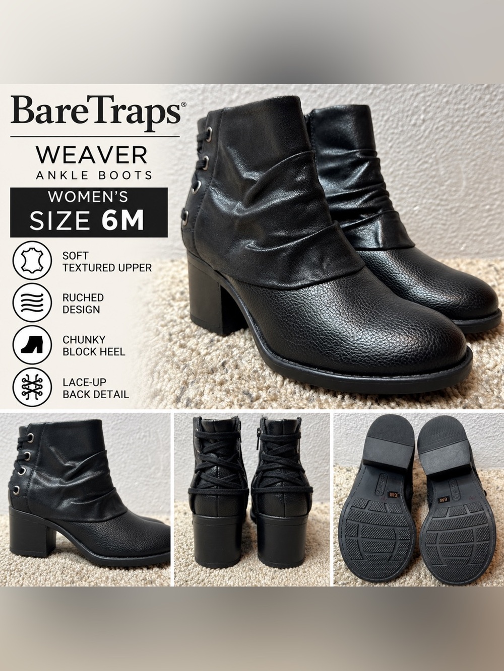 BareTraps Weaver Black Ankle Boots Women’s Size 6M Ruched Block Heel Lace Up